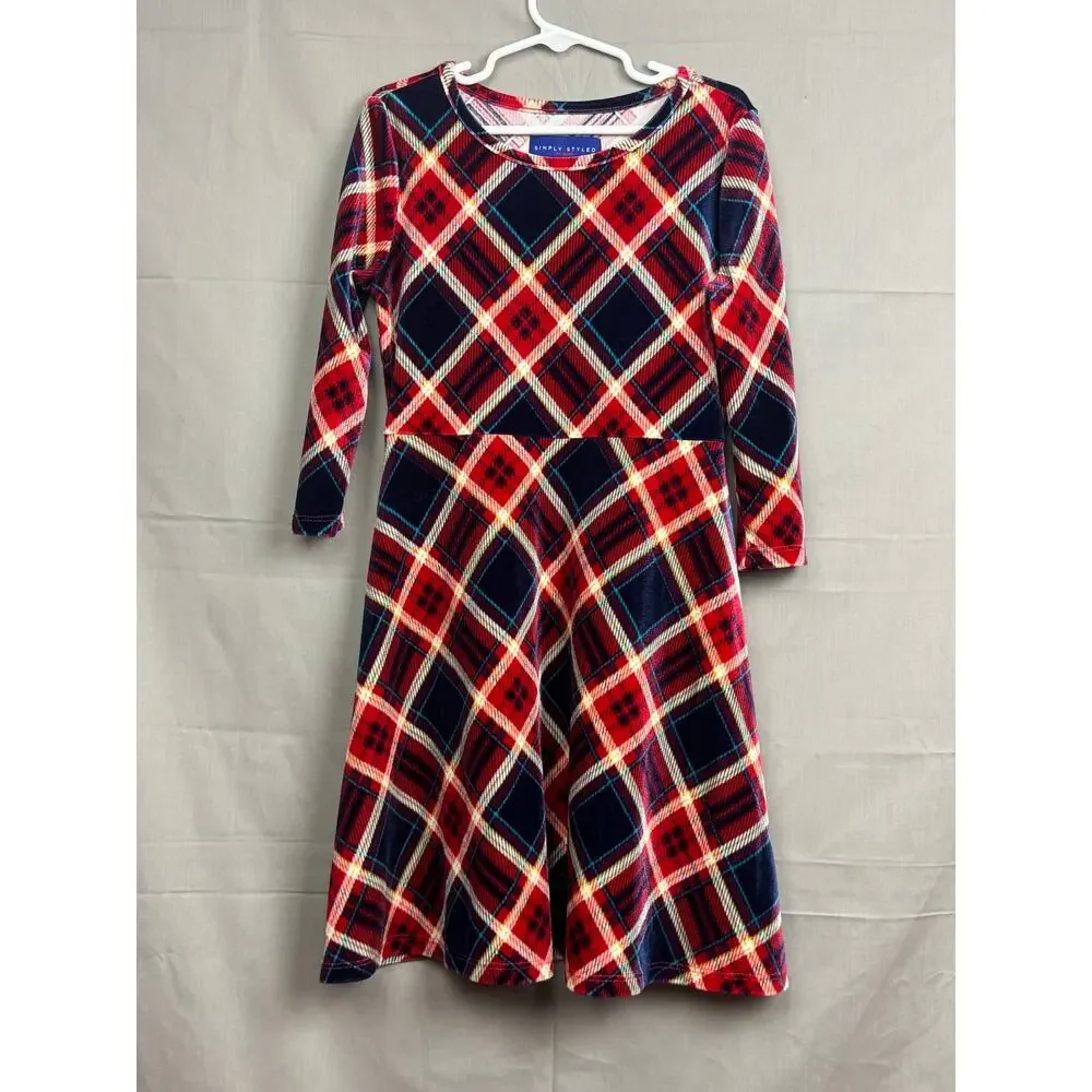 Simply Styled Girls Red/Blue Plaid Velour Holiday Dress, Size 7/8